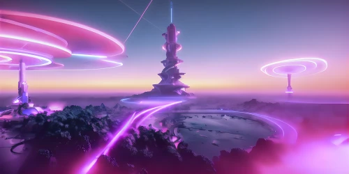 futuristic landscape,mushroom landscape,mushroom island,3d render,panoramical,cellular tower,alien world,electric tower,alien planet,sky space concept,floating islands,fantasy city,virtual landscape,floating island,artificial island,3d fantasy,fairy world,fairy chimney,space port,amplified