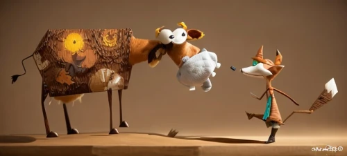 whimsical animals,hunting scene,cow-goat family,anthropomorphized animals,don quixote,horned cows,antelopes,oxen,watusi cow,animals hunting,goatherd,paper art,bremen town musicians,ruminants,abstract cartoon art,ballet don quijote,two cows,ruminant,pere davids deer,3d archery,Game Scene Design,Game Scene Design,Japanese Cartoon