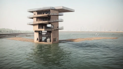 lifeguard tower,stilt house,artificial island,observation tower,animal tower,cube stilt houses,bird tower,stilt houses,artificial islands,coastal protection,floating huts,island suspended,lookout tower,residential tower,floating restaurant,water stairs,floating islands,play tower,dock,docks,Architecture,General,Masterpiece,Indian Modernism