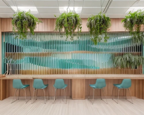 meeting room,beach restaurant,patterned wood decoration,conference room,aqua studio,modern office,hanging plants,aquarium decor,forest workplace,bamboo curtain,room divider,board room,pool bar,offices,coconut bar,conference room table,interior design,creative office,wave wood,modern decor,Commercial Space,Working Space,Mid-Century Cool