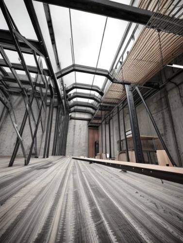 empty interior,roof structures,ceiling construction,warehouse,attic,loft,3d rendering,empty factory,wooden beams,steel construction,industrial hall,steel scaffolding,ceiling ventilation,folding roof,empty hall,render,large space,wooden roof,daylighting,concrete ceiling,Commercial Space,Working Space,Urban Industrial