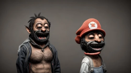 puppets,ventriloquist,comedy tragedy masks,super mario brothers,gnomes,ernie and bert,wooden figures,mario bros,game characters,3d model,3d render,sadhus,figurines,pinocchio,cartoon people,scandia gnomes,characters,halloween masks,cinema 4d,dentist,Common,Common,Natural