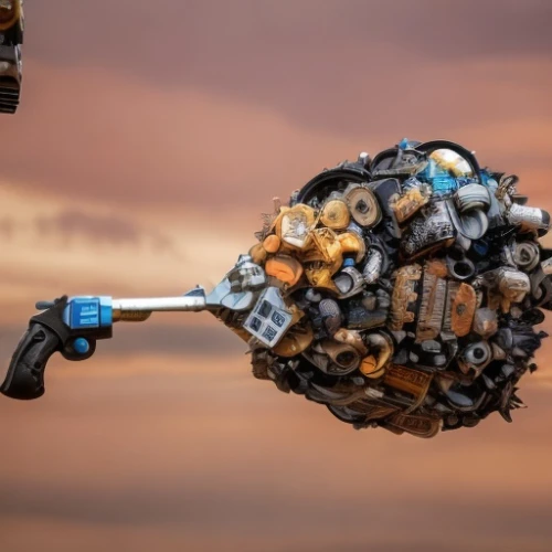 scrap sculpture,scrap collector,scrap truck,car recycling,drone bee,rope excavator,shuttlecock,fishing reel,rusty clubs,scrap iron,scrap metal,steampunk gears,logistics drone,mining excavator,deep-submergence rescue vehicle,cluster ballooning,cable reel,mech,detonator,recycling world