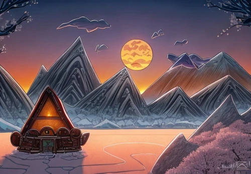 cartoon video game background,christmas landscape,fantasy landscape,lunar landscape,moon and star background,background image,mountain settlement,fantasy picture,mountain scene,night scene,valley of the moon,indigenous painting,tepee,world digital painting,northen lights,snow house,mountain world,aurora village,background with stones,fairy house,Game Scene Design,Game Scene Design,Japanese Cartoon