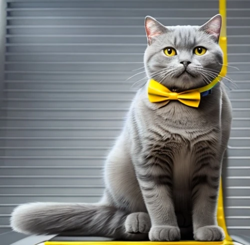 british shorthair,gray cat,chartreux,yellow background,gray kitty,european shorthair,american shorthair,necktie,scottish fold,cat on a blue background,cat image,breed cat,cute tie,cat vector,bow-tie,bowtie,silver tabby,yellow,tie,domestic short-haired cat,Common,Common,Game