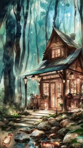 house in the forest,house in mountains,house in the mountains,home landscape,wooden house,log home,the cabin in the mountains,log cabin,studio ghibli,ancient house,lonely house,little house,tree house,witch's house,cottage,small cabin,summer cottage,small house,world digital painting,forest background,Game&Anime,Manga Characters,Peacock