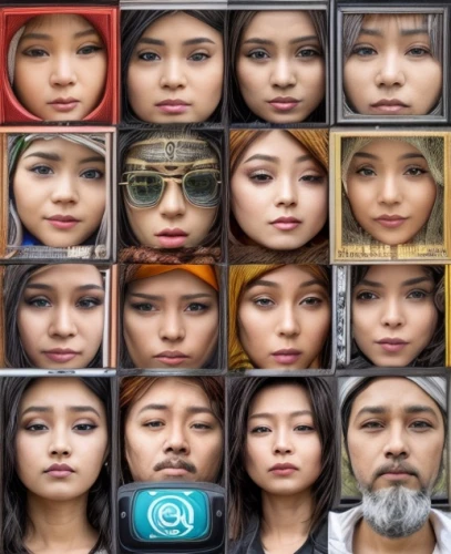 indonesian women,multicolor faces,women's eyes,virtual identity,faces,women in technology,droste effect,portrait photographers,avatars,photo lens,digital identity,icon magnifying,ancient people,artificial hair integrations,woman face,human evolution,peruvian women,twenties women,kyrgyz,the h'mong people