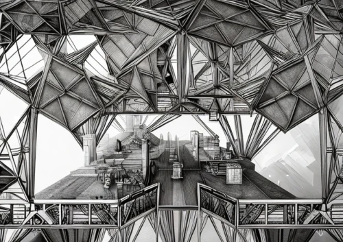 escher,futuristic architecture,atomium,roof structures,honeycomb structure,glass pyramid,roof domes,structures,biomechanical,solar cell base,oculus,hexagonal,building honeycomb,structure artistic,dome roof,structural glass,frame drawing,futuristic art museum,wireframe,refinery,Art sketch,Art sketch,Retro