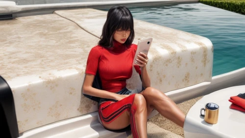 on a yacht,girl on the boat,yacht,cocktail dress,portofino,man in red dress,scarlet sail,lady in red,boat operator,girl in red dress,boat ride,boat,woman holding a smartphone,delta sailor,red bench,poppy red,red dress,holding ipad,kim,red