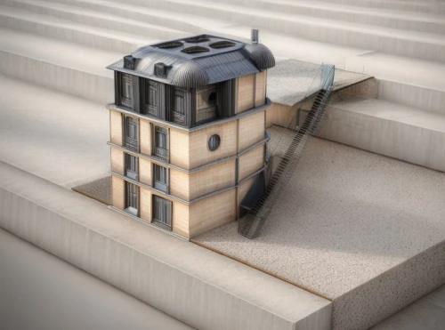 isometric,3d rendering,miniature house,winding staircase,elphi,winding steps,model house,tilt shift,macroperspective,stone stairs,housetop,outside staircase,architectural style,architectural,crooked house,architecture,concrete construction,monument protection,fire escape,3d model