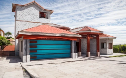 garage door,bungalow,house insurance,pool house,front gate,red roof,driveway,house entrance,roof tile,garage,exterior decoration,children's playhouse,house for sale,prefabricated buildings,coastal protection,fire station,residential property,blue doors,villa,mortuary temple,Architecture,General,Modern,Mexican Modernism