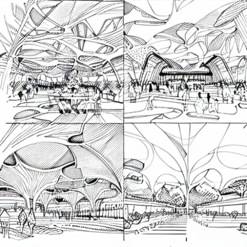 landscape plan,panoramical,backgrounds,concept art,sheet drawing,roof domes,hanging houses,biome,lotustemple,structures,landscapes,futuristic landscape,airships,background paper,illustrations,sails of paragliders,huts,virtual landscape,tents,landscape background,Design Sketch,Design Sketch,Hand-drawn Line Art