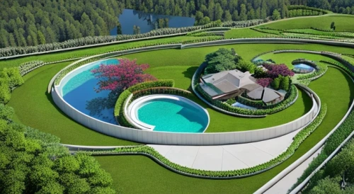 swim ring,infinity swimming pool,sewage treatment plant,swimming pool,artificial island,pool house,golf resort,dug-out pool,hydropower plant,outdoor pool,eco hotel,roof top pool,futuristic architecture,3d rendering,wastewater treatment,artificial islands,roof landscape,landscape plan,modern architecture,water plant,Landscape,Landscape design,Landscape Plan,Realistic
