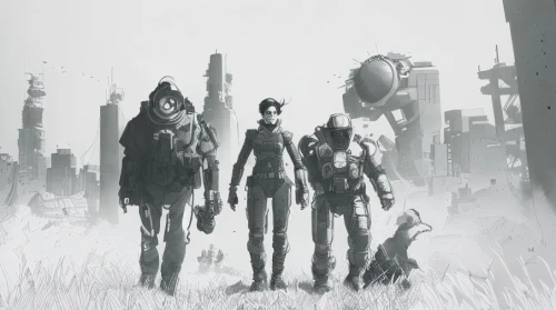 fallout4,travelers,post apocalyptic,guardians of the galaxy,game illustration,sci fiction illustration,fallout,wasteland,patrols,district 9,trio,sci fi,concept art,a3 poster,game art,colony,sci-fi,sci - fi,shepard,post-apocalypse,Art sketch,Art sketch,Concept