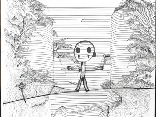 carton man,slender,arbitrary confinement,plant tunnel,bamboo curtain,creepy doorway,camera illustration,office line art,blinds,post-it note,emergency exit,tunnel of plants,stick figure,window screen,anechoic,hand-drawn illustration,comic paper,camera drawing,book illustration,play hide and seek