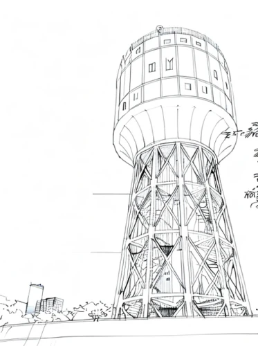 gasometer,observation tower,watertower,diving bell,water tower,silo,water tank,bird tower,cooling tower,steel tower,observatory,play tower,animal tower,cooling towers,diving helmet,tower,tower of babel,grain plant,wireframe graphics,concept art,Design Sketch,Design Sketch,Hand-drawn Line Art