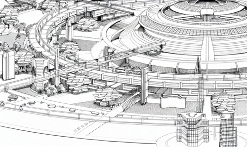 panopticon,industrial landscape,cross section,circular staircase,futuristic architecture,cross-section,orrery,solar cell base,spaceship space,millenium falcon,copernican world system,industrial plant,kirrarchitecture,jewelry（architecture）,schematic,sci fiction illustration,network mill,nuclear reactor,circuitry,industry 4