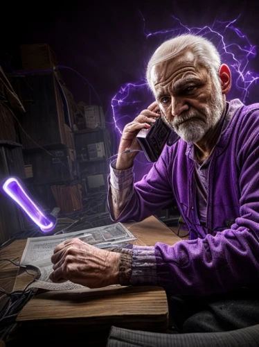 man with a computer,purple rizantém,photoshop manipulation,elderly man,digital compositing,drawing with light,computer addiction,old elektrolok,photoshop school,purple background,purple,man holding gun and light,the collector,magneto-optical drive,night administrator,elektroniki,elderly person,sci fiction illustration,adobe photoshop,man talking on the phone