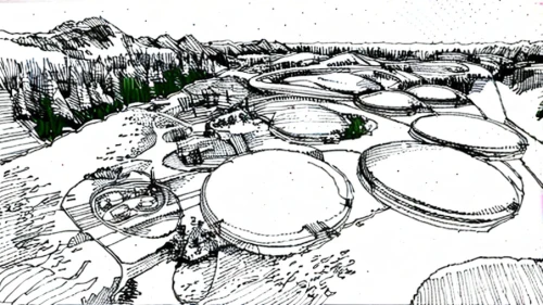 landscape plan,concept art,ski resort,camera drawing,mushroom island,hand-drawn illustration,mushroom landscape,campsite,panoramical,artificial island,development concept,escher village,ski facility,game drawing,pen drawing,alpine village,camera illustration,mountain settlement,skatepark,biome,Design Sketch,Design Sketch,Hand-drawn Line Art