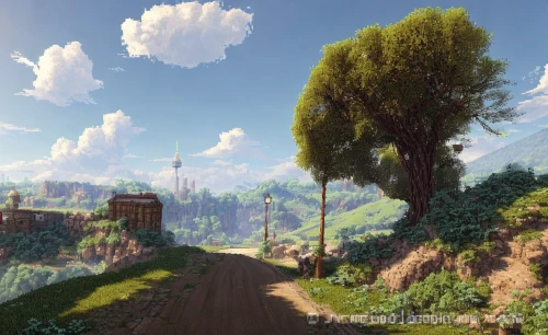 studio ghibli,meteora,violet evergarden,high valley,landscape background,mountain valley,the road,valley,green valley,mountain road,darjeeling,high landscape,hillside,rural landscape,forest road,countryside,beauty scene,atmosphere,country road,spring morning,Game Scene Design,Game Scene Design,Pixel Art Style