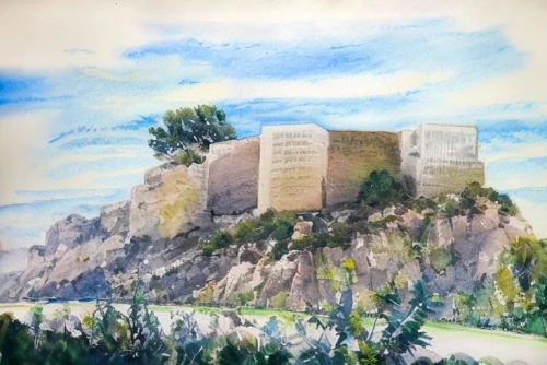 acropolis,watercolor sketch,limestone cliff,meteora,temple of poseidon,city wall,castle de sao jorge,pena de bernal,bastei,city walls,quarry,stone towers,watercolor background,kings landing,castle ruins,color pencil,ruined castle,watercolor,peter-pavel's fortress,galician castle,Landscape,Landscape design,Landscape Plan,Watercolor