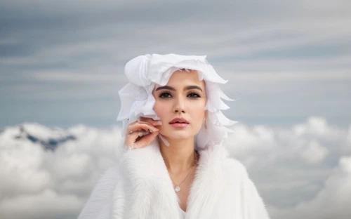 white fur hat,girl on a white background,white winter dress,the snow queen,shower cap,white cloud,suit of the snow maiden,white clouds,cruella,cruella de ville,white rose snow queen,snow owl,laundress,eskimo,pure white,white beauty,white lady,ice queen,white clothing,pamukkale