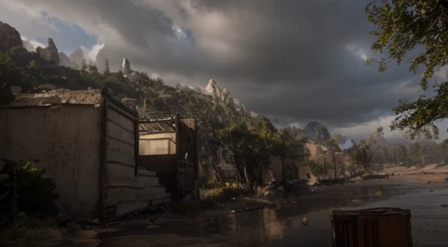 post-apocalyptic landscape,mountain settlement,pano,skyrim,river pines,monsoon banner,bogart village,riverside,the valley of the,cent,zion,kadala,ancient city,transylvania,mesa,the ugly swamp,valley,high valley,concept art,imperial shores,Game Scene Design,Game Scene Design,Realistic