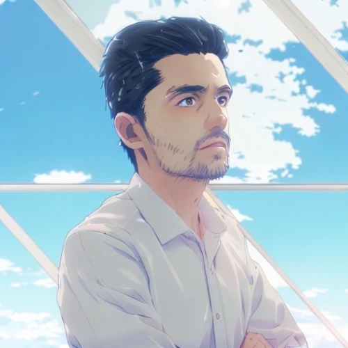 thinking man,cg artwork,persian poet,pompadour,the face of god,would a background,saji,summer sky,main character,blue sky,anime cartoon,man thinking,sky,jin deui,in thoughts,meditating,contemplate,beautiful frame,atmosphere,vector art,Common,Common,Japanese Manga
