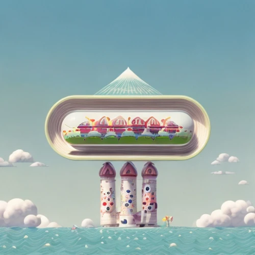 capsule-diet pill,airships,beachhouse,mushroom island,seaside resort,temples,airship,cd cover,floating huts,beach huts,floating island,artificial island,futuristic landscape,delight island,zeppelins,mushroom landscape,ocean liner,sky space concept,capsule,floating islands,Calligraphy,Illustration,Cartoon Illustration