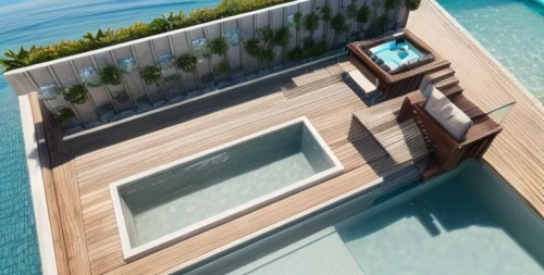 over water bungalow,roof top pool,infinity swimming pool,beach furniture,dug-out pool,maldives,sunlounger,wooden decking,floating huts,deckchair,pool house,block balcony,deck chair,water sofa,decking,outdoor pool,holiday villa,beach house,3d rendering,outdoor furniture,Architecture,General,Modern,Mid-Century Modern