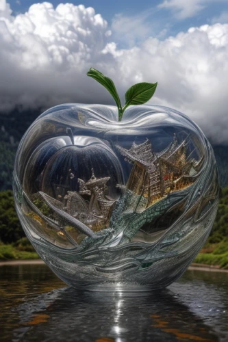 glass sphere,lensball,surface tension,environmental art,apple world,floating island,water apple,crystal ball-photography,glass vase,glass ball,a drop of water,giant soap bubble,apple logo,waterdrop,liquid bubble,earth fruit,photo manipulation,flotation,flying seed,environmental sin