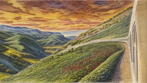 mountain highway,mountain road,mountain pass,color pencil,alpine route,colored pencil background,panoramic landscape,mountain scene,chalk drawing,the landscape of the mountains,mountainous landscape,khokhloma painting,salt meadow landscape,alpine drive,mountain landscape,high landscape,landscape,valley,rural landscape,panorama of the landscape,Calligraphy,Illustration,Ink And Wash Illustration