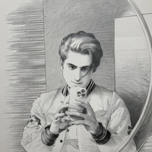 self-portrait,makeup mirror,in the mirror,pompadour,mirror,chaplin,vintage drawing,pierrot,doll looking in mirror,joker,pomade,the mirror,selfie,self portrait,mirror frame,self-reflection,magic mirror,charlie chaplin,19th century,vintage boy,Art sketch,Art sketch,19th Century