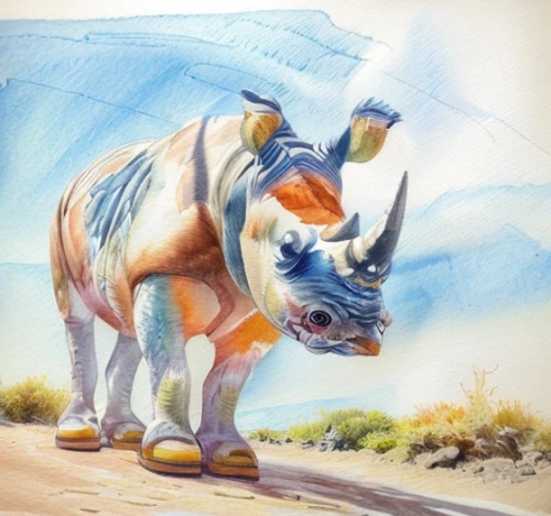 indian rhinoceros,rhinoceros,triceratops,white rhinoceros,mountain cow,alpine cow,zebu,oxpecker,texas longhorn,uintatherium,rhino,tribal bull,aglais,southern square-lipped rhinoceros,pronghorn,black rhinoceros,kudu,aucasaurus,stegosaurus,horns cow,Landscape,Landscape design,Landscape Plan,Watercolor