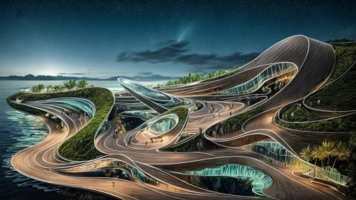 winding roads,winding road,futuristic landscape,highway roundabout,winding,road dolphin,roads,road of the impossible,coastal road,roundabout,landform,fantasy landscape,meanders,winding steps,photo manipulation,traffic circle,helix,virtual landscape,bicycle path,racing road,Architecture,General,Futurism,Futuristic 3