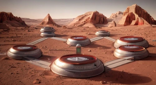 mars probe,mission to mars,mars rover,planet mars,red planet,roof domes,futuristic landscape,ufos,solar cell base,turrets,steam machines,space ships,alien planet,futuristic architecture,starship,martian,exoplanet,wadirum,spacecraft,alien world