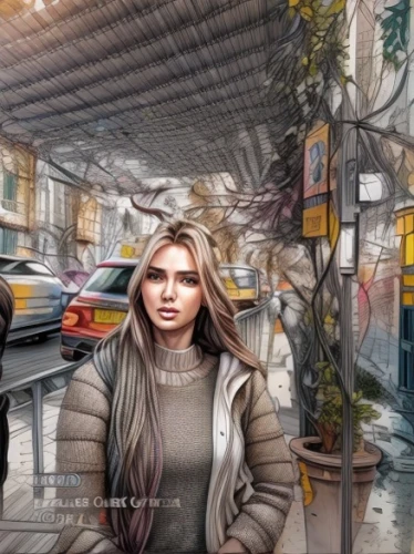 world digital painting,city ​​portrait,photomanipulation,photoshop manipulation,the girl at the station,image manipulation,photo manipulation,pedestrian,sci fiction illustration,digital art,woman in the car,street scene,digital compositing,arbat street,street life,a pedestrian,colored pencil background,girl and car,photo painting,creative background
