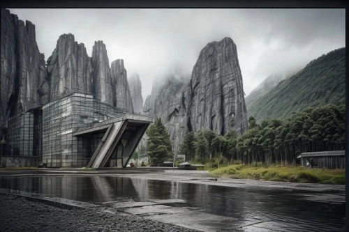 futuristic landscape,futuristic architecture,futuristic art museum,guizhou,asian architecture,chinese architecture,building valley,south korea,chongqing,hydropower plant,house in mountains,lago grey,megalith facility harhoog,huangshan maofeng,unesco world heritage,guilin,brutalist architecture,stalin skyscraper,karst landscape,beautiful buildings,Architecture,General,Brutalist,Brutalism
