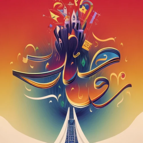 abstract design,psychedelic art,abstract retro,abstract cartoon art,electric tower,adobe illustrator,rocketship,astral traveler,abstract smoke,fairy chimney,pillar of fire,sci fiction illustration,temples,ramadan background,fireworks art,fire artist,burning man,symphony,good vibes word art,arabic background,Calligraphy,Illustration,Fantasy Illustration