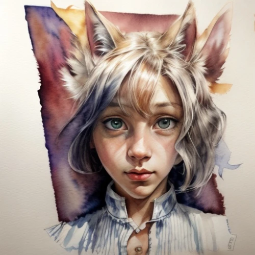 watercolor cat,child fox,watercolour fox,watercolor,watercolor sketch,girl portrait,watercolor painting,child portrait,little fox,fantasy portrait,coyote,watercolor paint,kitsune,watercolor paper,watercolour,cub,fennec,lynx,fox,watercolors