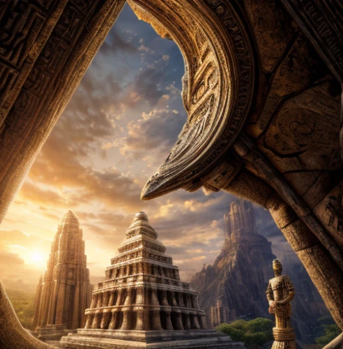 the ancient world,somtum,ancient city,stargate,artemis temple,bagan,ancient buildings,yantra,temple fade,asian architecture,buddhist temple complex thailand,theravada buddhism,the pillar of light,hindu temple,cambodia,ancient civilization,pillars,ancient house,angkor,tower of babel,Realistic,Movie,Lost City