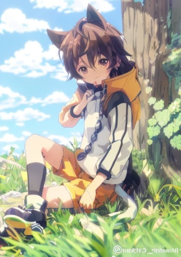 euphonium,haruhi suzumiya sos brigade,yuki nagato sos brigade,anime japanese clothing,raccoon dog,girl and boy outdoor,anime 3d,anime cartoon,toori,playing outdoors,myosotis,sitting,sits on away,girl sitting,towhee,kawaii children,protect,world end,child is sitting,tan-tan,Common,Common,Japanese Manga