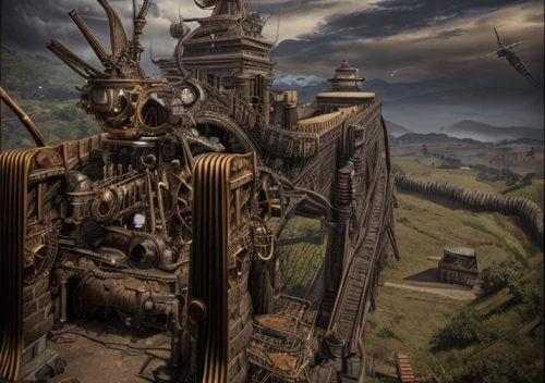 steampunk,post-apocalyptic landscape,fantasy art,fantasy landscape,fantasy picture,threshing,mountain settlement,pirate ship,straw carts,castle of the corvin,ancient harp,wasteland,industrial landscape,witch's house,machinery,3d fantasy,deadwood,scrap yard,mining excavator,carrack,Game Scene Design,Game Scene Design,Steampunk