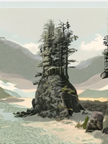 an island far away landscape,mountain scene,post-apocalyptic landscape,terrain,landscape background,virtual landscape,concept art,backgrounds,mountain landscape,mountainous landscape,background image,swampy landscape,high landscape,mountain plateau,cartoon video game background,mountain settlement,world digital painting,cartoon forest,spruce forest,mountainous landforms