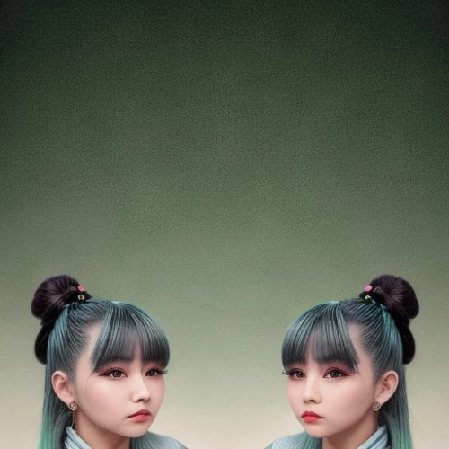 kimjongilia,doll looking in mirror,sujeonggwa,mirror image,baozi,bun,buns,pekapoo,songpyeon,maeuntang,bun mixed,twins,daegeum,duo,double,bangs,yinyang,twin,ziu,porcelain dolls