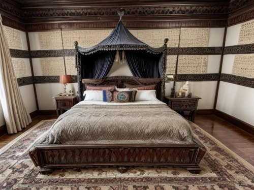 canopy bed,four-poster,four poster,ornate room,moroccan pattern,sleeping room,bedroom,ottoman,guest room,danish room,guestroom,bed,japanese-style room,patterned wood decoration,boutique hotel,bed frame,great room,wade rooms,interior decor,interior decoration,Interior Design,Bedroom,Tradition,Oriental Opulence