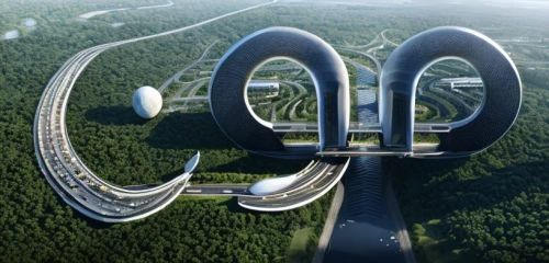 curvy road sign,helix,highway roundabout,futuristic architecture,nürburgring,cyclocomputer,dna helix,autostadt wolfsburg,sky space concept,orbital,roundabout,race track,winding,futuristic landscape,torus,semi circle arch,futuristic art museum,maglev,infiniti,letter o,Architecture,Villa Residence,Modern,Mid-Century Modern