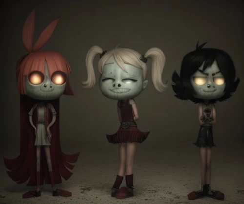 vamps,chibi kids,chibi children,plush dolls,poppy family,primitive dolls,sirens,plush figures,individuals,butterfly dolls,puppets,doll figures,lily family,dolls,characters,nightshade family,3d render,vampires,trio,doll's head,Game Scene Design,Game Scene Design,Horror Style