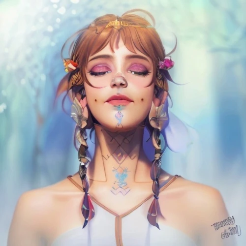 fantasy portrait,fae,faerie,faery,digital painting,water nymph,nami,world digital painting,self heal,mystical portrait of a girl,elven,faun,digital art,bridal veil,water forget me not,dryad,fairy queen,fairy tale character,valerian,face paint,Common,Common,Cartoon