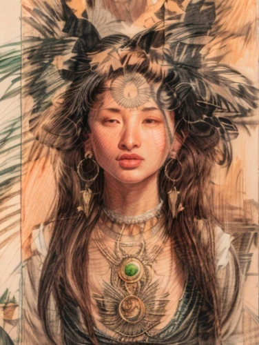 polynesian girl,amano,vintage asian,chinese art,asian woman,indian headdress,vietnamese woman,headdress,oriental painting,vintage drawing,oriental girl,polynesian,asian costume,color pencil,boho art,native american,colored pencil,maori,oriental princess,inner mongolian beauty